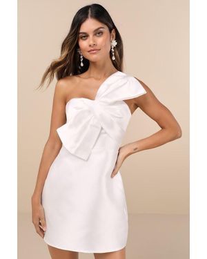 Lulus Utterly Pretty Bow One-Shoulder Mini Dress With Pockets - Natural