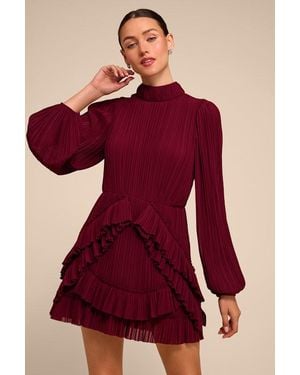 Lulus Alvana Plisse Long Sleeve Mini Dress - Red
