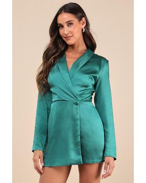 Lulus Elevated Persona Satin Collared Skort Romper - Green