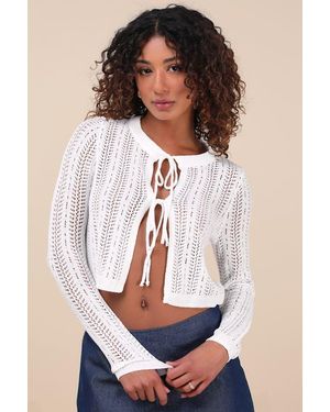 Lulus Alwilda Pointelle Knit Tie-Front Cardigan Jumper Top - White