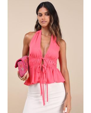 Lulus Adelita Tie-Front Halter Peplum Top - Pink