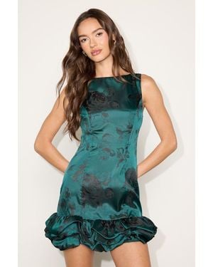 Lulus Yolanda Emerald Floral Satin Bubble-Hem Mini Dress - Green