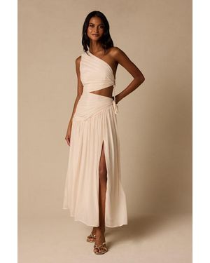 Lulus Vega Light Pleated Asymmetrical Cutout Maxi Dress - Natural