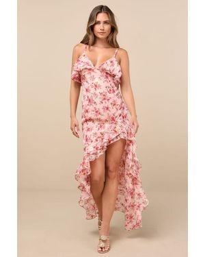 Lulus Tameron Floral Ruffled High-Low Maxi Dress - Pink