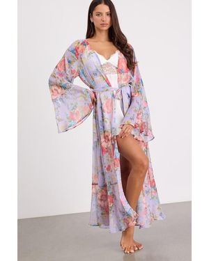 Lulus Cheyenne Floral Lurex Bell Sleeve Long Robe - Purple
