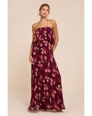 Lulus Arietta Plum Floral Pleated Strapless Maxi Dress - Red