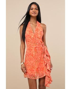 Lulus Felicita Floral Halter Wrap Mini Dress - Orange