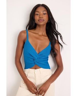 Lulus Melika Bright Ribbed Knotted Crop Tank Top - Blue