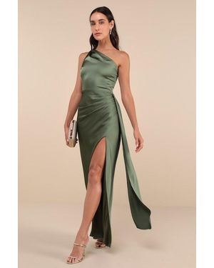 Lulus Signature Elegance Satin One-Shoulder Maxi Dress - Green