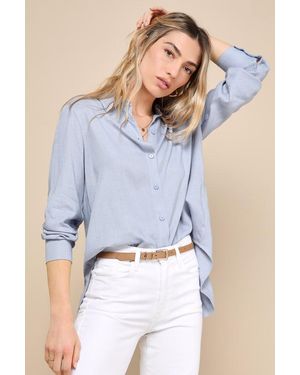 Lulus Notable Aesthetic Linen Collared Button-Up Top - Blue