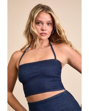 Lulus Helaine Dark Wash Denim Halter Crop Top - Blue