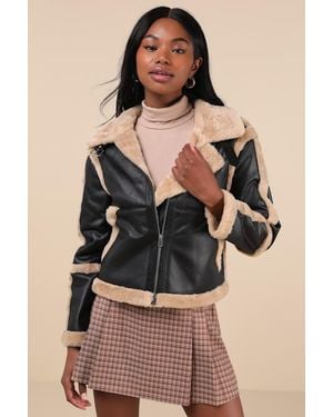 Glamorous Chic Forecast And Vegan Leather Faux Fur Trim Jacket - Black