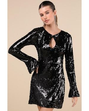 Lulus Fabulous Sparkle Sequin Cutout Long Sleeve Mini Dress - Blue