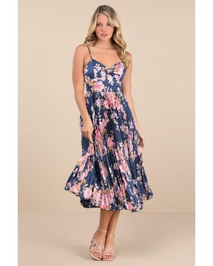 Lulus Francette Floral Satin Pleated Midi Dress - Blue