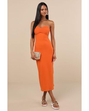 Lulus Basilia Ribbed Strapless Midi Dress - Orange