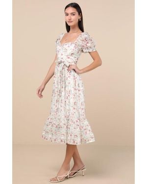 Lulus Galiena Floral Tiered Puff Sleeve Midi Dress - Natural