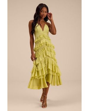 Lulus Melena Chartreuse Ruffled Lace Midi Dress - Yellow