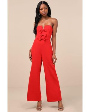 Lulus Opulent Outlook Bow Strapless Wide-Leg Jumpsuit - Red
