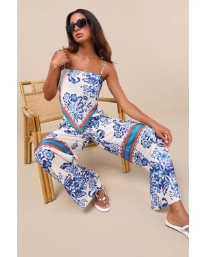 Lulus Tulla And Floral Satin Wide-Leg Trousers - Blue