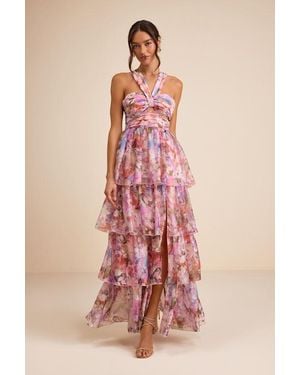 Lulus Dayanara Multi Floral Organza Tiered Maxi Dress - Pink