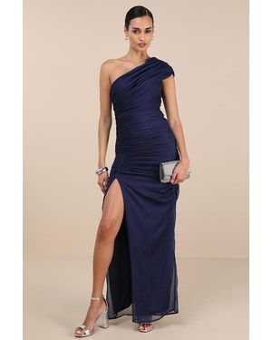 Lulus Kyleah Ruched One-Shoulder Maxi Dress - Blue