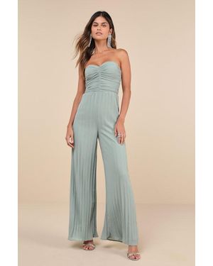 Lulus Certainly Charming Sage Pleated Strapless Wide-Leg Jumpsuit - Blue