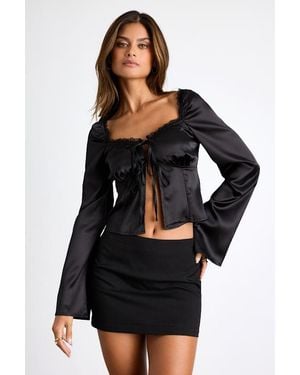 Lulus Bess Satin Tie-Front Long Sleeve Top - Black