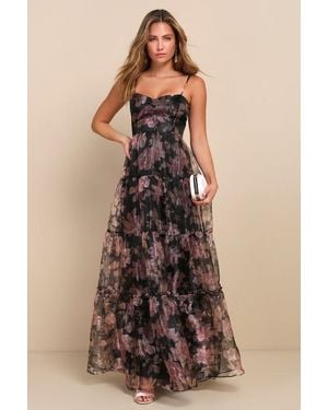 Lulus Exclusive Glamour Floral Organza Tiered Maxi Dress - Brown