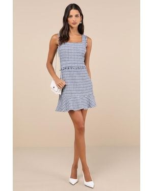 Lulus Adorably Luxurious Tweed Raw Edge Sleeveless Mini Dress - Blue