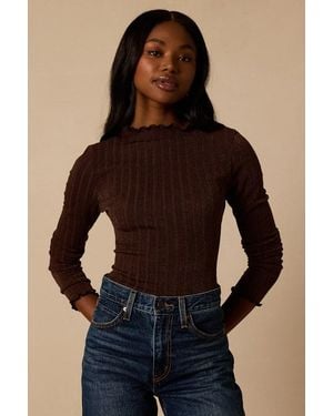 Lulus Charmed Vibes Dark Ribbed Lettuce Edge Long Sleeve Top - Blue