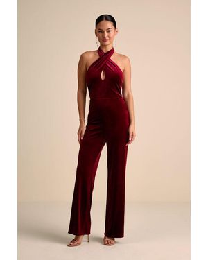 Lulus Yvania Velvet Cross-Front Halter Jumpsuit - Red