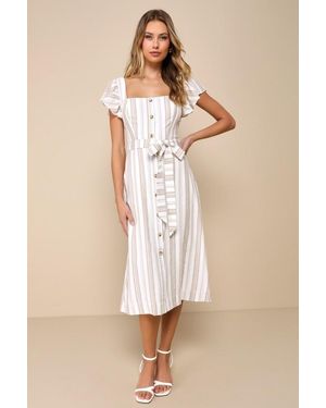 Lulus Mediterranean Moves Striped Flutter Sleeve Midi Dress - Natural