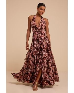 Lulus Oleta Multi Floral Ruffled Maxi Dress - Brown