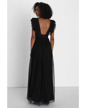 exquisite refinement black backless bow ruffled maxi dress Lulus Exquisite Refinement Black Backless Bow Ruffled Maxi Dress Formal L NWT