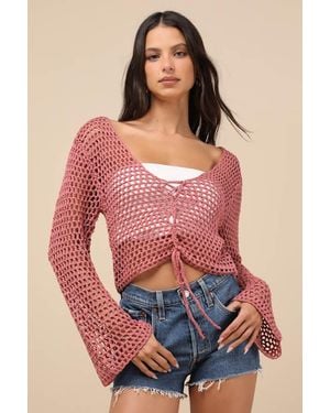 Lulus Saray Loose Crochet Knit Lace-Up Jumper Crop Top - Red