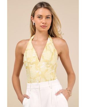 Lulus Lilou Jacquard Halter Bodysuit - Yellow
