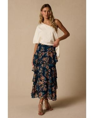 Lulus Sincere Dark Floral Tiered Midi Skirt - Natural