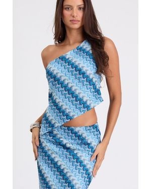 Lulus Fiala Multi Crochet Chevron One-Shoulder Top - Blue