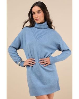 Lulus Frosty Forecast Turtleneck Long Sleeve Jumper Dress - Blue