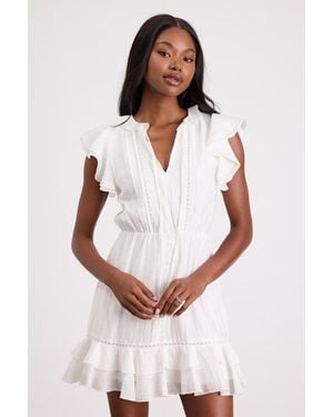 Lulus Tanaya Flutter Sleeve Tiered Mini Dress - Natural