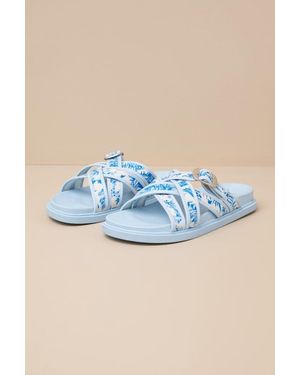 Lulus Killian Tropical Print Slide Sandals - Blue