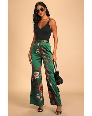 Lulus Thriving Vibes Floral Print Satin Wide-Leg Pants - Green