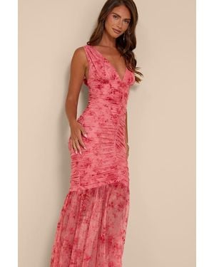 Lulus Jamie Floral Mesh Sheer Hem Maxi Dress - Red