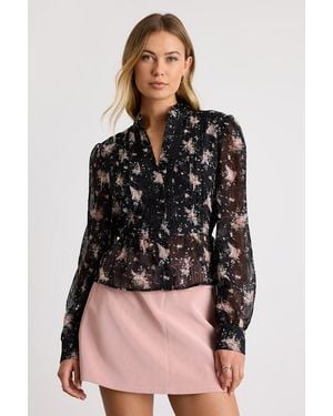 Lulus Odeliah Floral Crochet Lace Button-Front Long Sleeve Top - Black