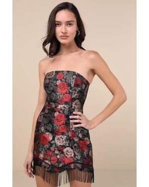 Lulus Wyla Multi Floral Jacquard Fringe Mini Dress - Natural