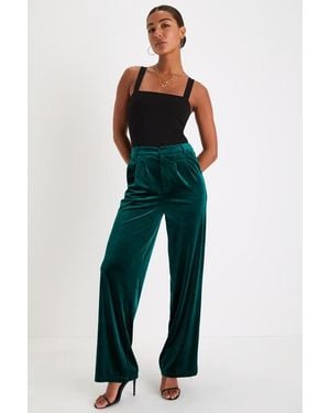 Lulus Posh Idea Emerald Velvet High-Rise Straight Leg Trouser Pants - Blue