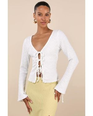 Lulus Calise Textured Tie-Front Long Sleeve Top - White
