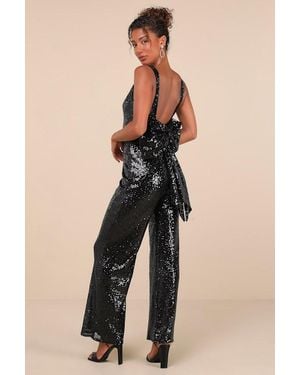 Lulus Feeling Sparkly Sequin Bow Wide-Leg Jumpsuit - Natural