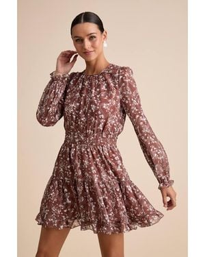 Lulus Too Cute Floral Print Smocked Long Sleeve Mini Dress - Brown