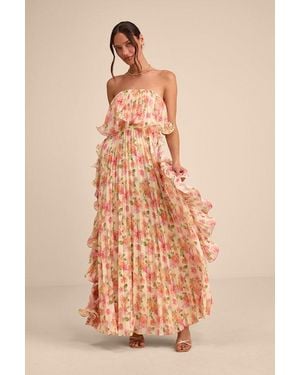 Lulus Andri Floral Pleated Ruffled Maxi Dress - Natural